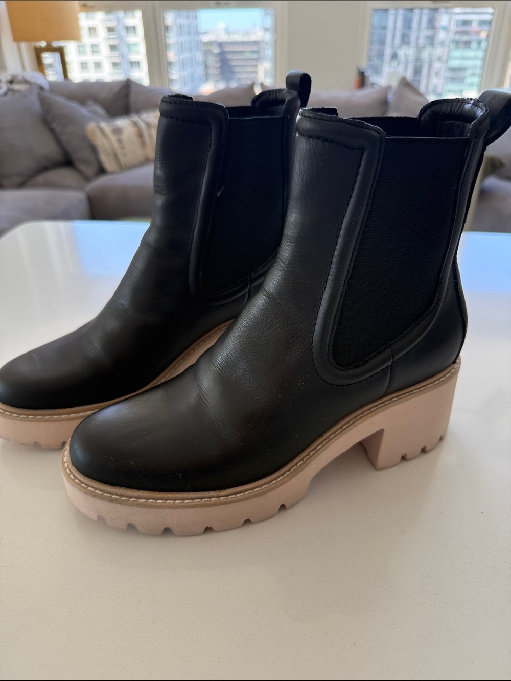Dolce Vita Black Leather Chelsea Platform Boots with Taupe Lug Sole